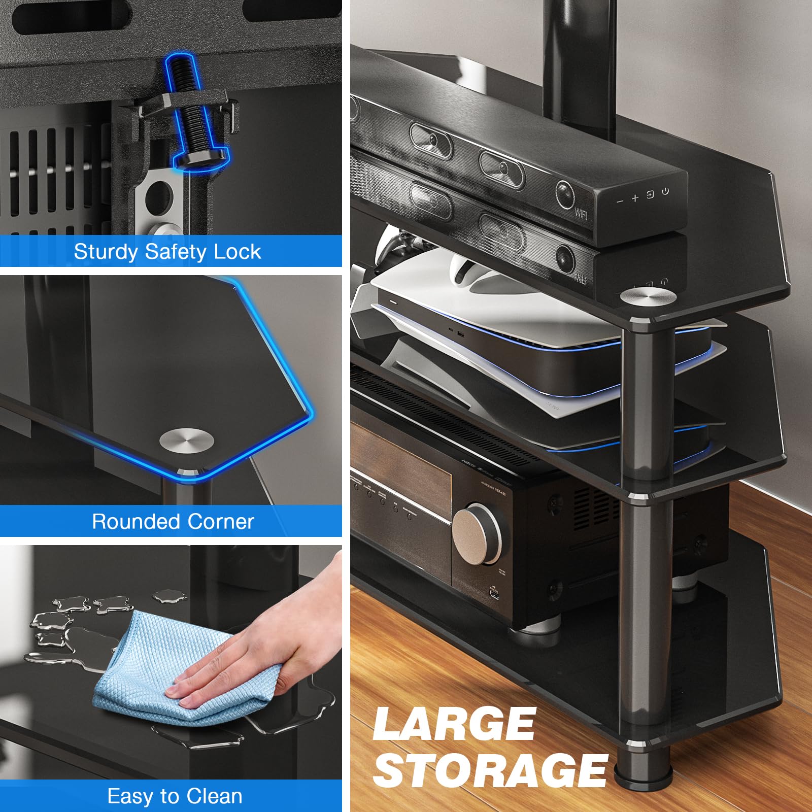 Rfiver Corner Swivel Glass Tv Stand With Mount For 32 70 Inch Screen Tv Up To 110Lbs, Height Adjustable Corner Tv Stand With Mount, Entertainment Center With Tv Mount And 3 Tier Storage For Av Media